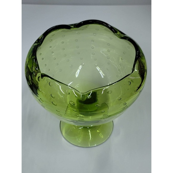 Vintage Bischoff Glass Hand Blown Green Compote Controlled Bubbles - Picture 2 of 11